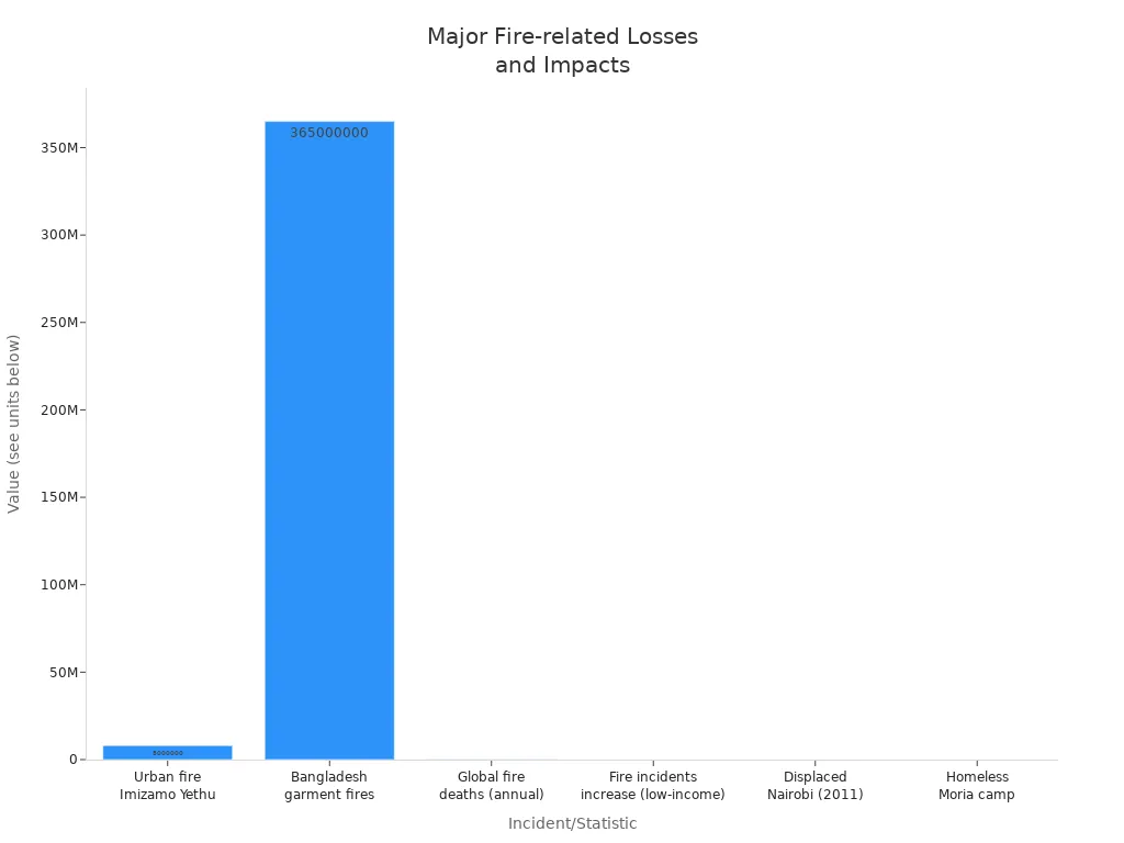 Bar chart comparing fire-related losses and impacts in urban and industrial settings